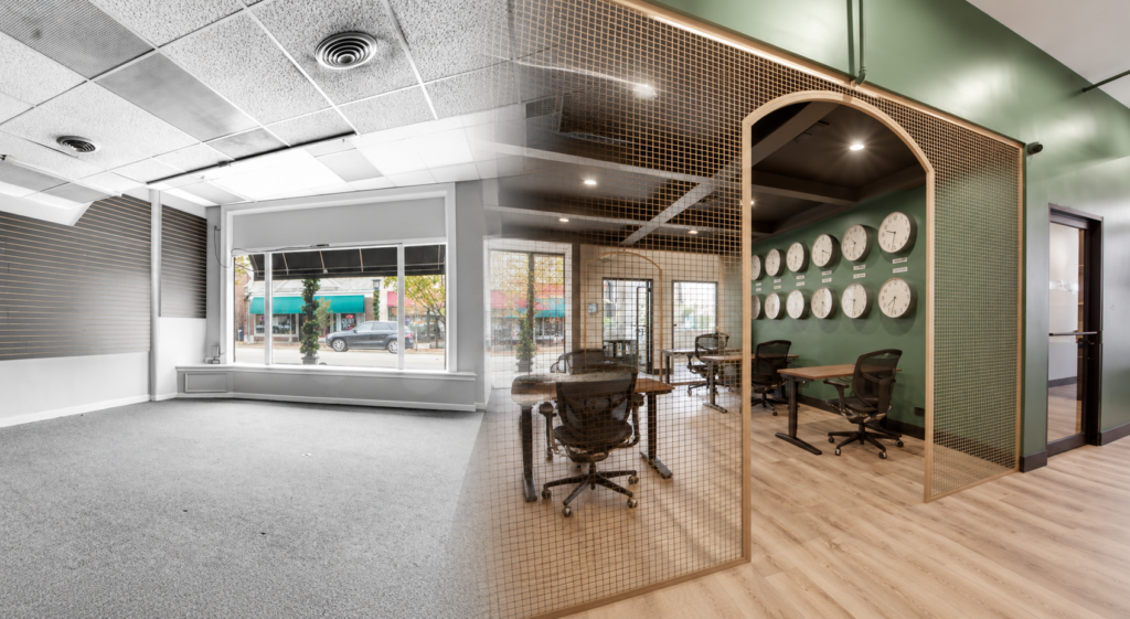 side to side image of a before and after Brick & Mortar coworking space in Deerfield